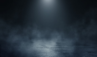 Poster - Empty background scene. Dark street reflection on the wet pavement. Rays of blue neon light in the dark, neon figures, smoke. Night view of the street, the city. Abstract dark background.