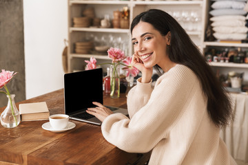 Wall Mural - Photo of caucasian brunette woman 20s using laptop computer in kitchen at home