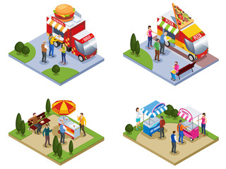 Poster - Four Isometric Street Fast food Compositions