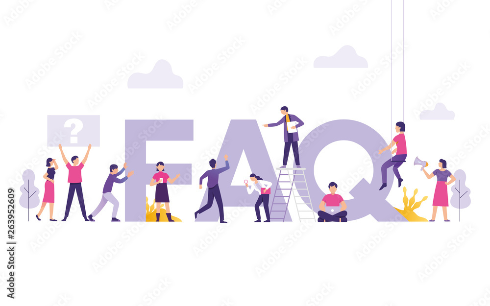 FAQ or frequently asked question vector illustration concept, teamwork standing and working together around FAQ marks - obrazy, fototapety, plakaty 