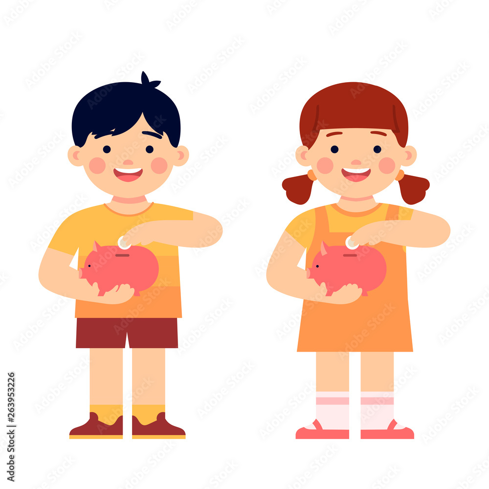 kids put coins into piggy banks, vector illustration kids saving money ...