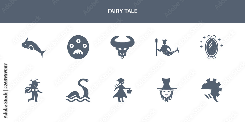10 fairy tale vector icons such as knight, leprechaun, little riding ...