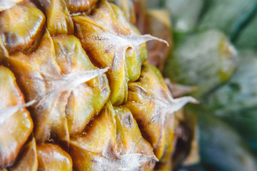 Wall Mural - Fresh and juicy pineapple on a bright blue marble background. Close-up. Top view.