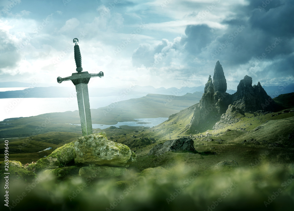 An ancient and mythical sword set against a dramatic landscape. Fantasy background 3d mixed media. - obrazy, fototapety, plakaty 
