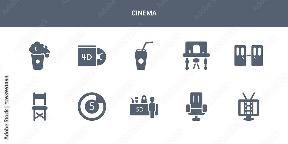 10 cinema vector icons such as cinema screen, cinema seats, snack bar ...