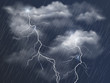 Vector realistic dark stormy sky with clouds, heavy rain and lightning strikes