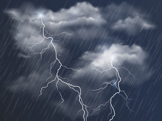 Wall Mural - vector realistic dark stormy sky with clouds, heavy rain and lightning strikes