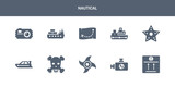 Fototapeta Natura - 10 nautical vector icons such as sea package, ship engine, ship engine propeller, skull and bones, speed boat contains starfish with dots, tanker ship, treasure map, vessel, water resist camera.
