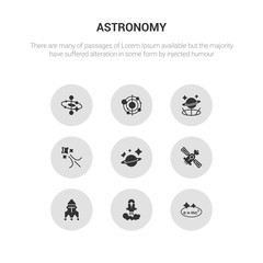 Wall Mural - 9 round vector icons such as relativity, rocket launch, rocket ship, satellite, saturn contains shoo