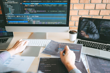 Wall Mural - professional developer programmer working a software website design and coding technology, writing c