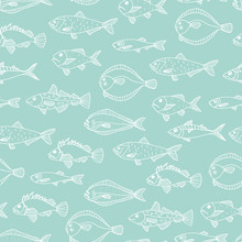 Vector Seamless Pattern Of White Fish Outlines Isolated On Blue Background. Repeating Background With Halibut, Rock-fish, Mackerel, Herring. Underwater Vintage Illustration
