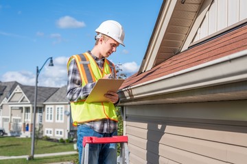 Home inspector standing on a ladder and providing an inspection to the roof of a house.