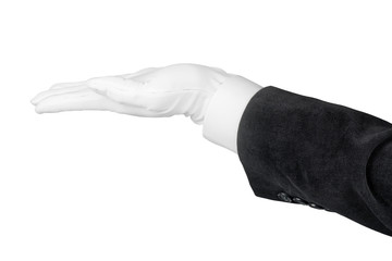 Close up of open man hand in black suit and white glove isolated on white with clipping path