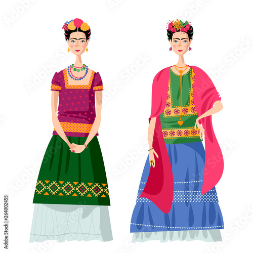 Photographie Two Mexican girls in costumes Frida Kahlo style.