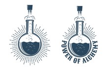 Chemistry Retro Logo. The Chemical Reaction In The Flask Knocks The Cork.