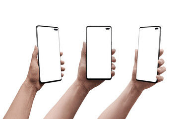 Wall Mural - Smart phone in woman hand in three positions. Isolated display and background. Mockup.