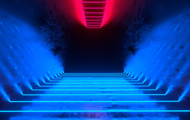 Wall Mural - Futuristic sci-fi concrete room with glowing neon. Virtual reality portal, vibrant colors, laser energy source. Blue and red neon lights