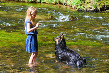 Child Blond Cute Girl Playing With Her Dog In Creek.
