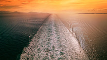 Cruise Ship Wake In The Mediterranean Sea At Sunset, Travel Vacation
