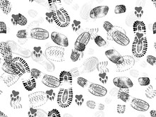 Seamless Background Of Footprints And Animal Footprints. Vector Illustration