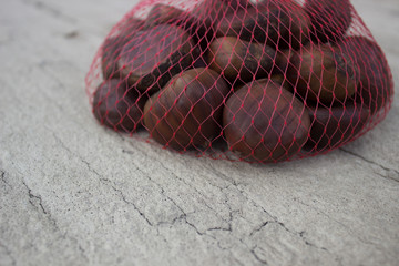 Chestnut Castanea dentata in red sack close up on wood panel