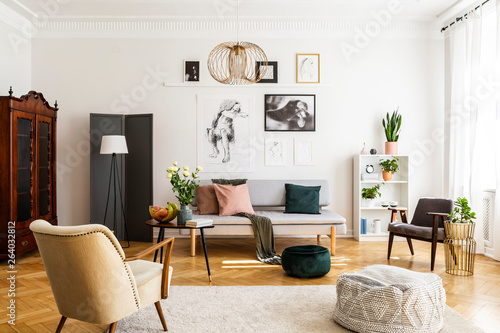 Retro Beige Armchair And Pouf On The Cozy Carpet In