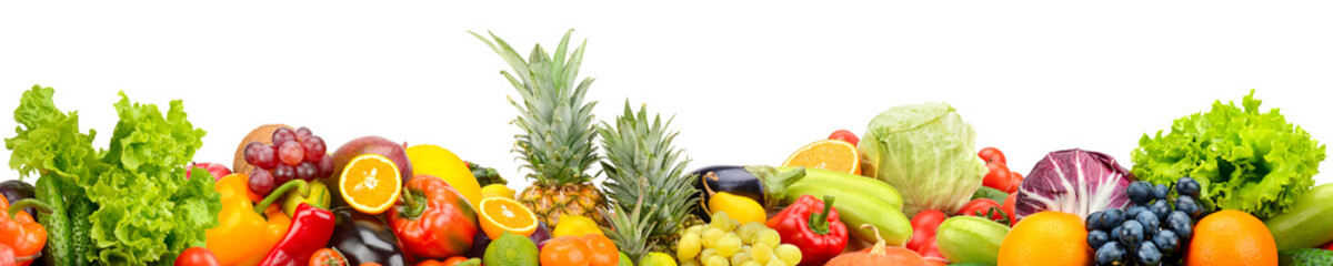 Wide photo fruits and vegetables isolated on white