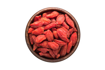 Goji berry spice in wooden bowl, isolated on white background. Seasoning top view