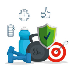 Wall Mural - dumbbells with water bottle and shield security with target