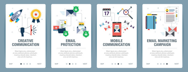 Wall Mural - Vector set of vertical web banners with communication, email protection, mobile communication and email marketing.Vector banner template for website and mobile app development with icon set.