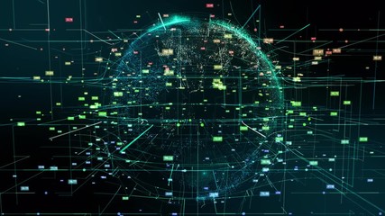 Planet Earth Cyberspace Particle Abstract Motion. Digital Continents Hologram Colorful Fly Dots Data World Network Map. Planet Rotation Outer Space Exploration Business Concept 3D Animation 4k