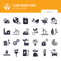 Wall Mural - Eco collection with various icons on the theme of ecology and green energy. Vector collection of clean energy icons in flat style. Isolated, editable and scalable icons.