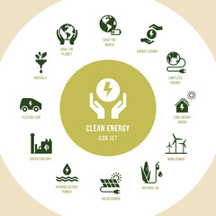 Wall Mural - circular design concept of eco collection with various icons on the theme of ecology and green energ