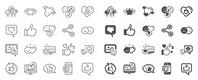 Social Media Line Icons. Set - Share Network, Social Links And Rating Linear Icons. Heart, Feedback Smile Emotion And Internet Media. Share Network, Like Icon, Video Content Rating And Dislike