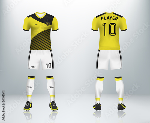 Download 3d Realistic Mock Up Of Front And Back Of Soccer Jersey Shirt Concept For Soccer Team Uniform Or Football Apparel Mockup Yellow Soccer Kit T Shirt Template Design In Vector Illustration Stock Vector