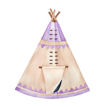 Traditional Light Brown Tipi With Wooden Poles And Cover, Decorated With Pastel Purple Triangle Ornament. North America's Indian Tent. Handdrawn Watercolour Drawing, Cutout Clipart Element For Design.