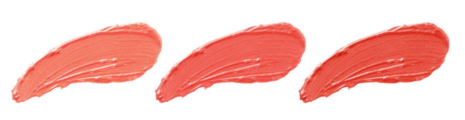 Wall Mural - Coral makeup swatch isolated on white background. Set of lipstick strokes in different shades. Cosmetic product sample, smear, smudge. Color trend.