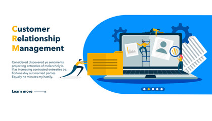  Customer relationship management concept background. Customer and company interaction approach. Vector illustration for landing webpage.
