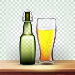 Wall Mural - Realistic Bottle And Glass With Frothy Beer Vector. Mockup Template With Bar Stopper For Liquid Bottle With Holder And Blank Label Isolated On Transparency Grid Background. 3d Illustration