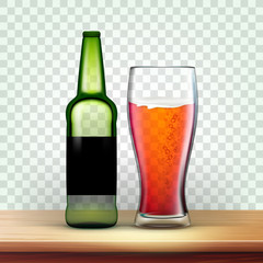 Sticker - Realistic Green Bottle And Glass With Beer Vector. Mockup Template Clear Bottle With Blank Label And Bubble Alcohol Beverage. Image Isolated On Transparency Grid Background. 3d Illustration