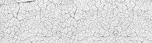 White Cracked Weathered Concrete Wall Wide Texture. Old Cement Light Surface Panorama. Retro Panoramic Background