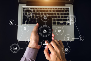 coding software developer work with augmented reality dashboard computer icons with responsive cyber