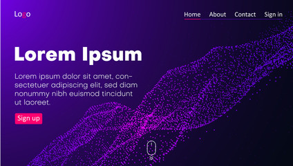 Wall Mural - purple web homepage template with icons and abstract digital neon pattern.