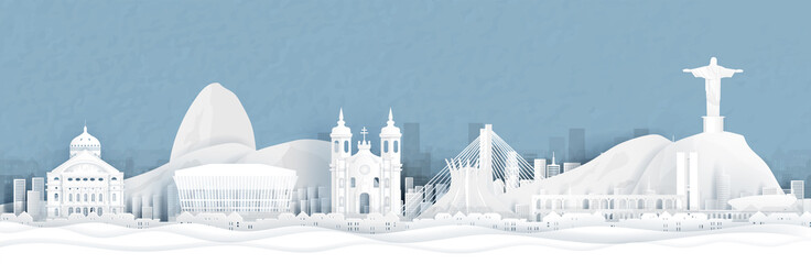 Fototapete - Panorama view of Rio de Janeiro, Brazil city skyline in paper cut style vector illustration