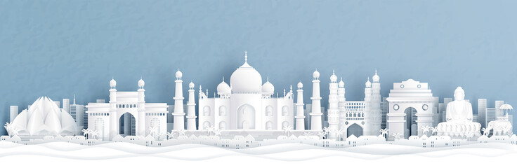 Fototapete - Panorama view of India with Taj Mahal and skyline with world famous landmarks in paper cut style vector illustration