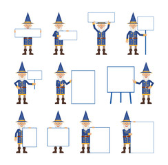 Wall Mural - Big set of wizard characters posing with different blank banners. Cheerful magician holding paper, poster, placard, pointing to whiteboard. Teach, advertise, promote. Simple vector illustration