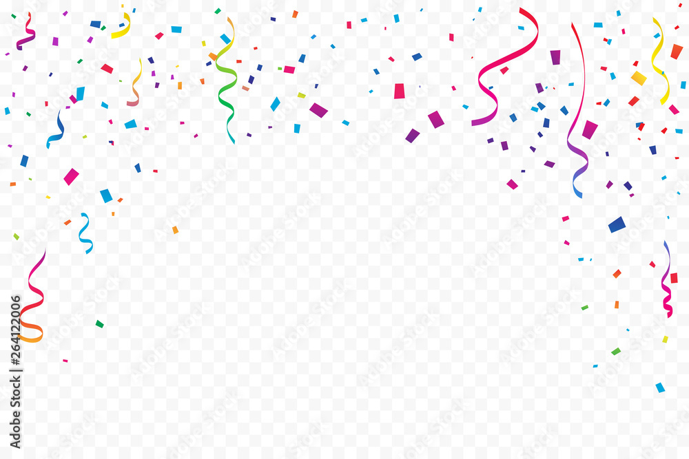 Many Falling Colorful Tiny Confetti And Ribbon On Transparent Background. Celebration Event and Party. Multicolored. Vector - obrazy, fototapety, plakaty 