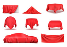 Red Silk Cloth Covered Objects Realistic Set. Vector Illustration