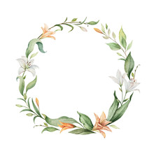 Watercolor Vector Wreath Of Orange Lily Flowers And Green Leaves.
