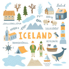 Iceland Icons And Illustrations Set On White Background. Travel Destination Symbols For Iceland With Nature Elements, People, Architecture And Animals